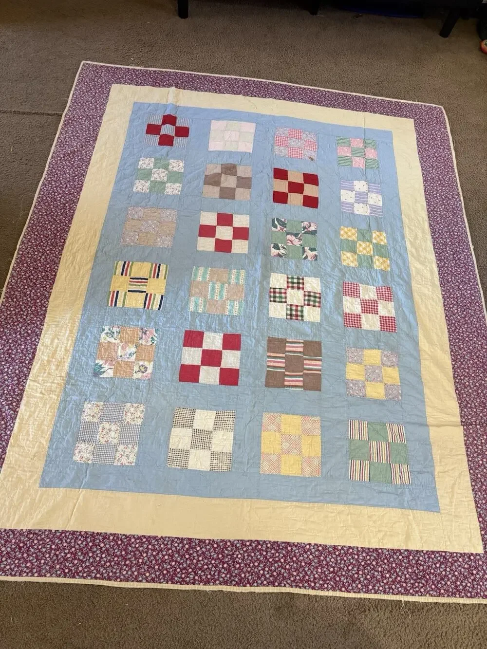 Vtg CottageCore Hand sown Patchwork Quilt 78x94 Reversible Yellow Distressed